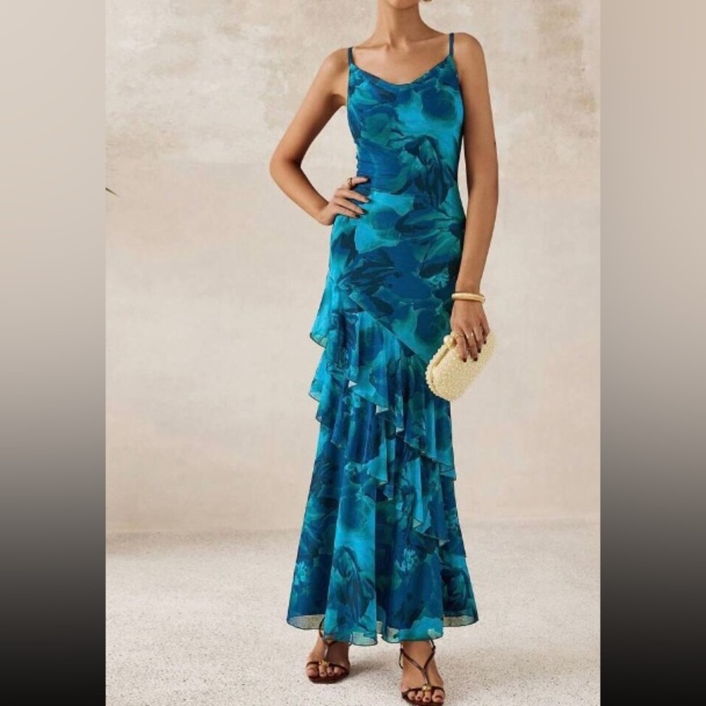 Sleeveless Blue Floral Ruffled Maxi Dress